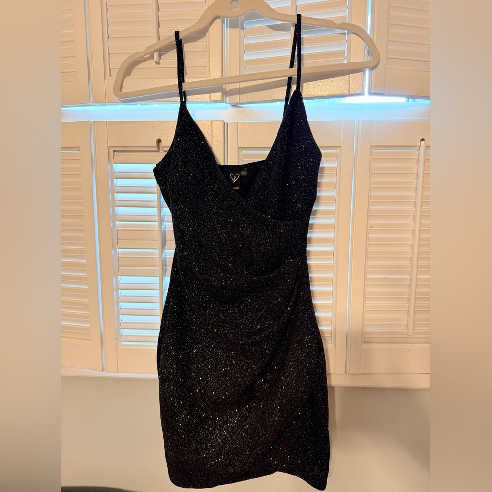 Black glitter spaghetti strap mini homecoming dress. Size small. Windsor